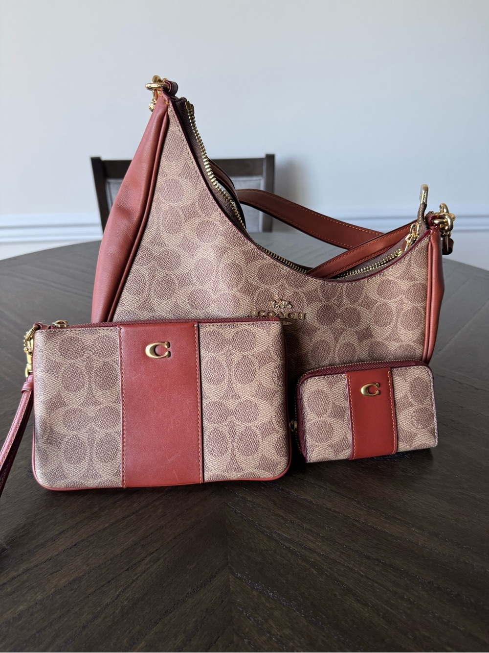Coach Signature Hobo Shoulder Bag with Red Leather Trim and Matching Pouches